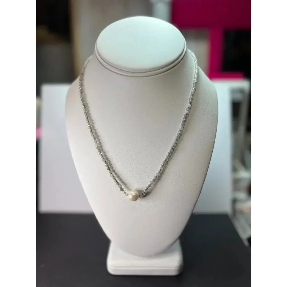 Labradorite and cultured pearl necklace with sterling silver lobster claw clasp